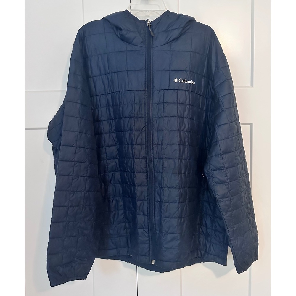 Columbia Omni-Heat Puffer Jacket Mens XXL Navy Blue Hooded Quilted Insulated